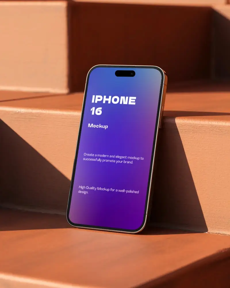 Sleek Modern Iphone 16 Mockup Standing On Stairs For Creative Digital Presentation Use