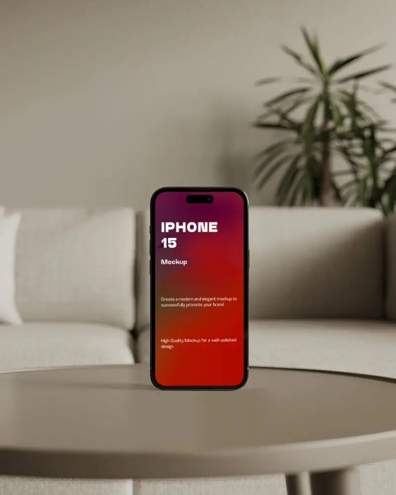 Modern Iphone 15 Mockup On Round Coffee Table With Cozy Living Room Background