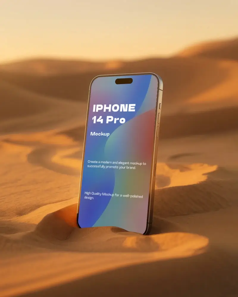 Sleek Iphone 14 Pro Mockup Standing In Sand With Smooth Desert Background For App Showcase