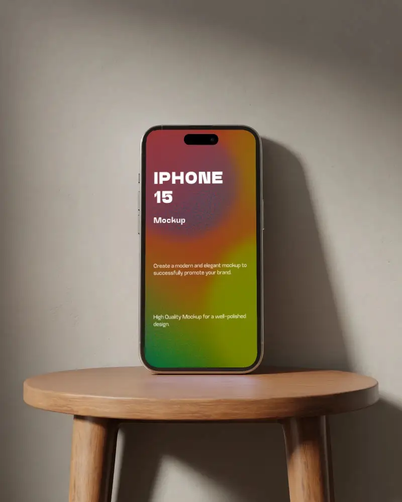 Modern Iphone 15 Mockup On Minimalist Wooden Table With Smooth Wall Background For Design