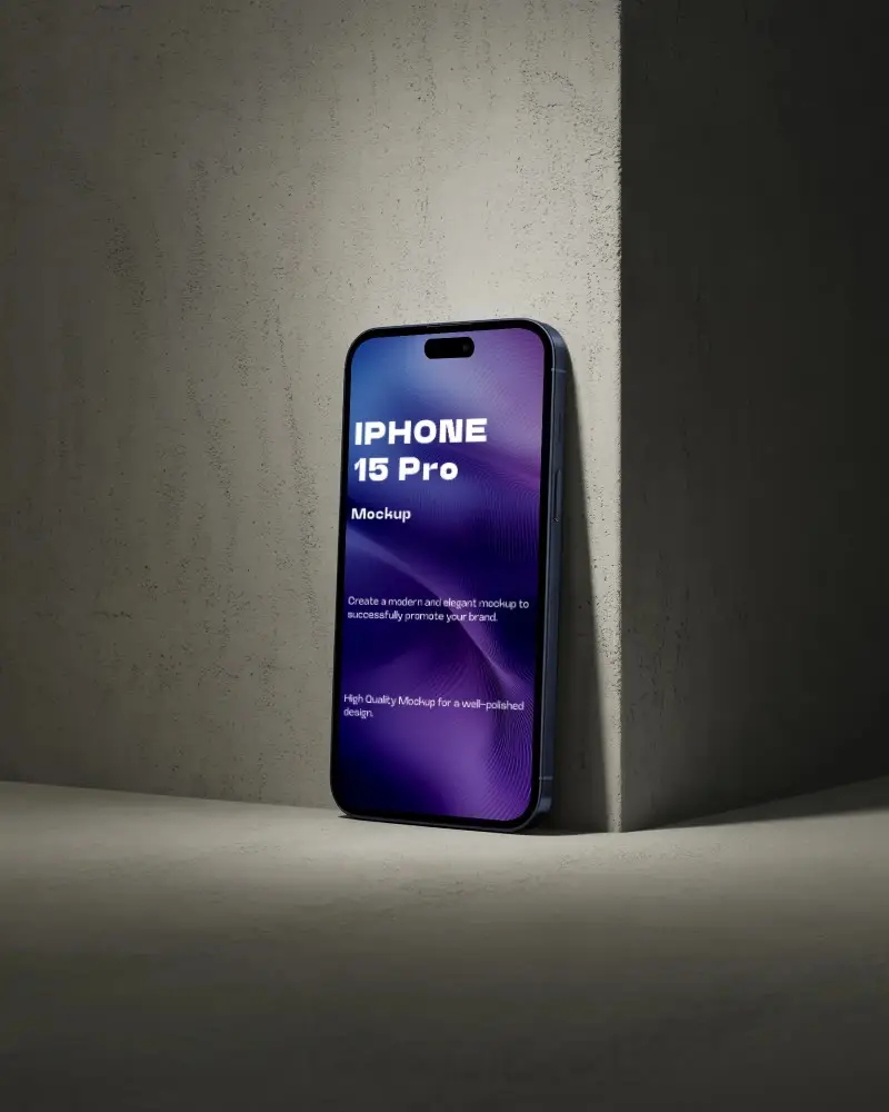 Minimalistic Iphone 15 Pro Prototype Standing Upright In Ambient Light With Contrast Background