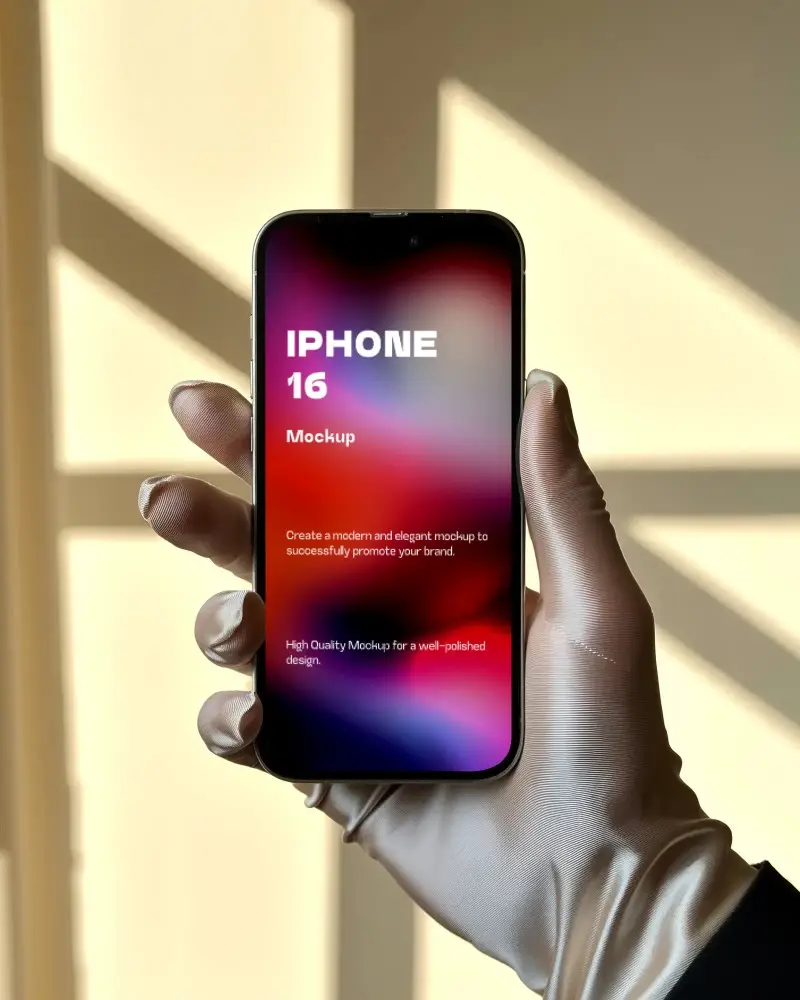 High Resolution Iphone 16 Mockup Image With Gloved Hand And Stylish Soft Light Shadow Play 