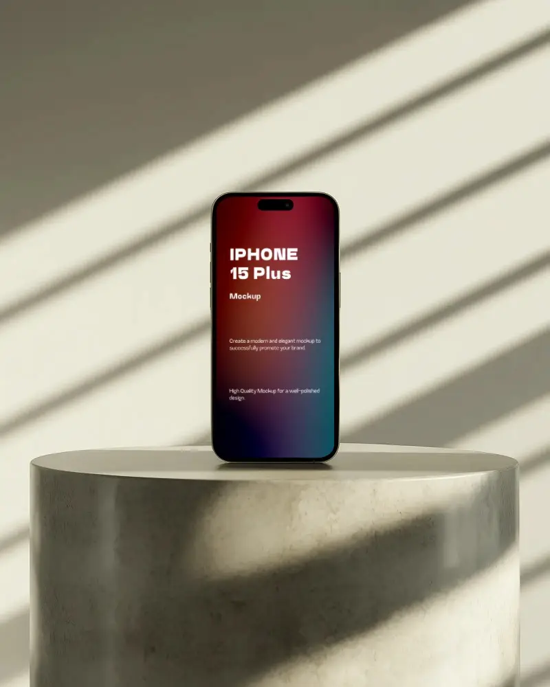 Sleek Iphone 15 Plus Mockup On Minimalist Pedestal With Soft Shadow Background For App Promotion