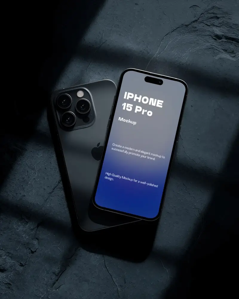 Realistic Iphone 15 Pro Mockup Showcasing Edge Design And Camera Details On Dark Textured Background
