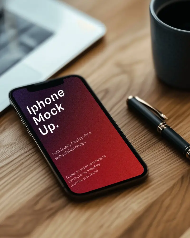 Modern Desk Iphone Mockup Smartphone On Wooden Table With Pen Mug And Tablet