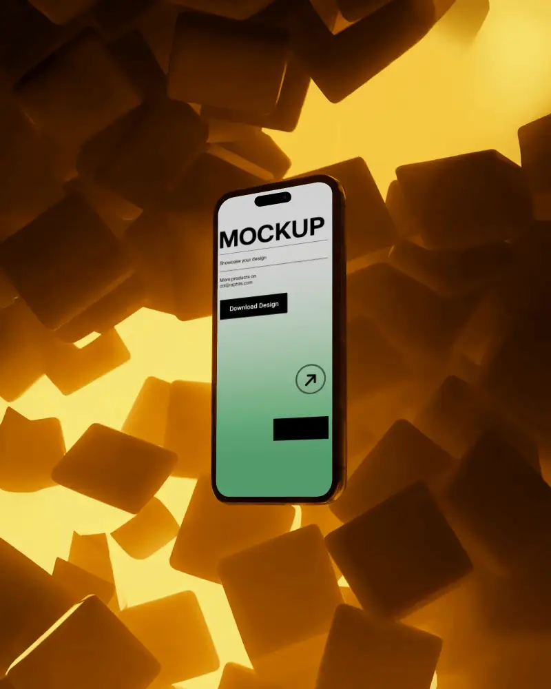 Iphone 14 Pro Mockup Floating In Golden Abstract Cube Space With Dramatic Luxury Lighting