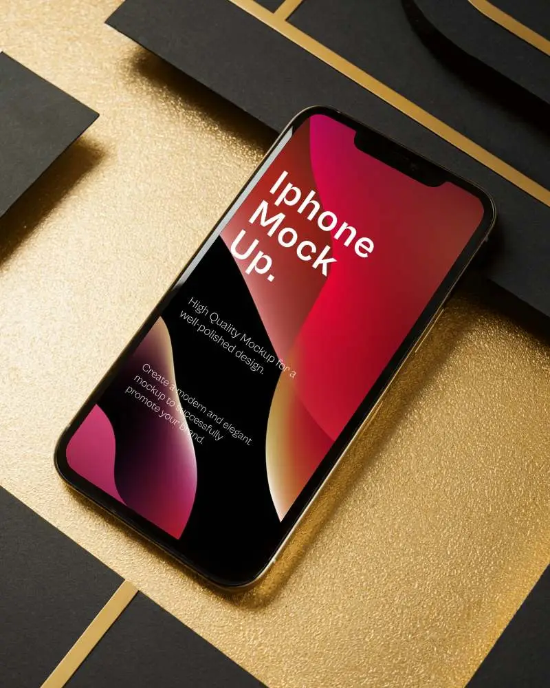 Elegant Flatlay Iphone Mockup Device On Glamorous Gold Background And Minimalist Layout