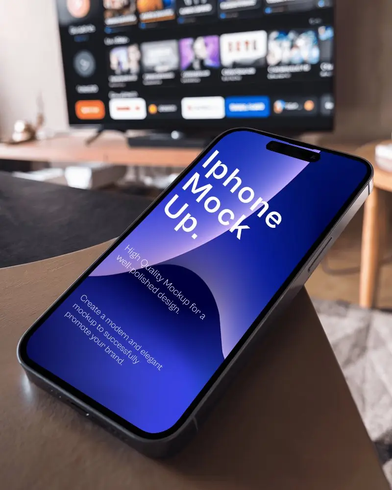 Cozy Interior Iphone Mockup Close Up Of Smartphone On Table With Tv In Background