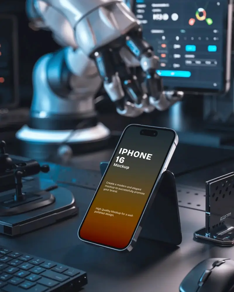 Futuristic Lab Iphone Mockup Smartphone On Desk With Robot Arm And Tech Background
