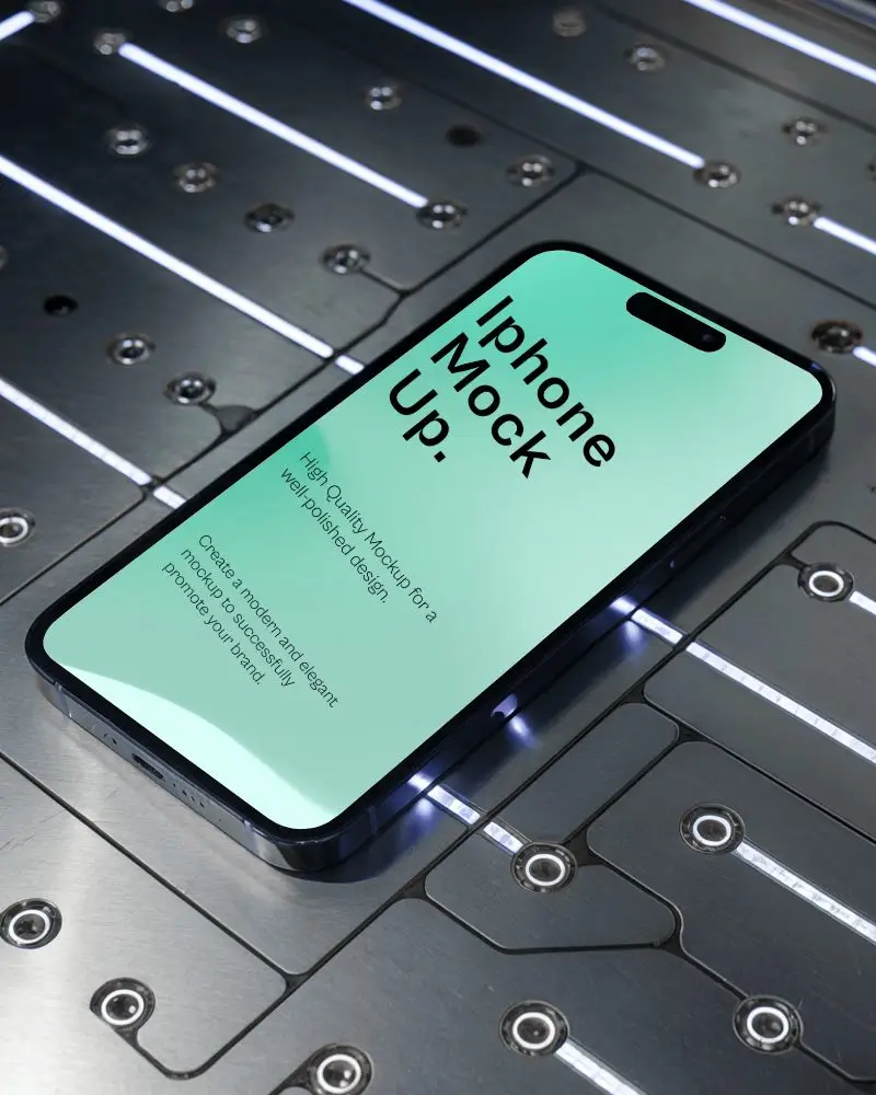 Tech Deck Iphone Mockup Close Up Flat Lay On Mechanical Surface With Light Strips