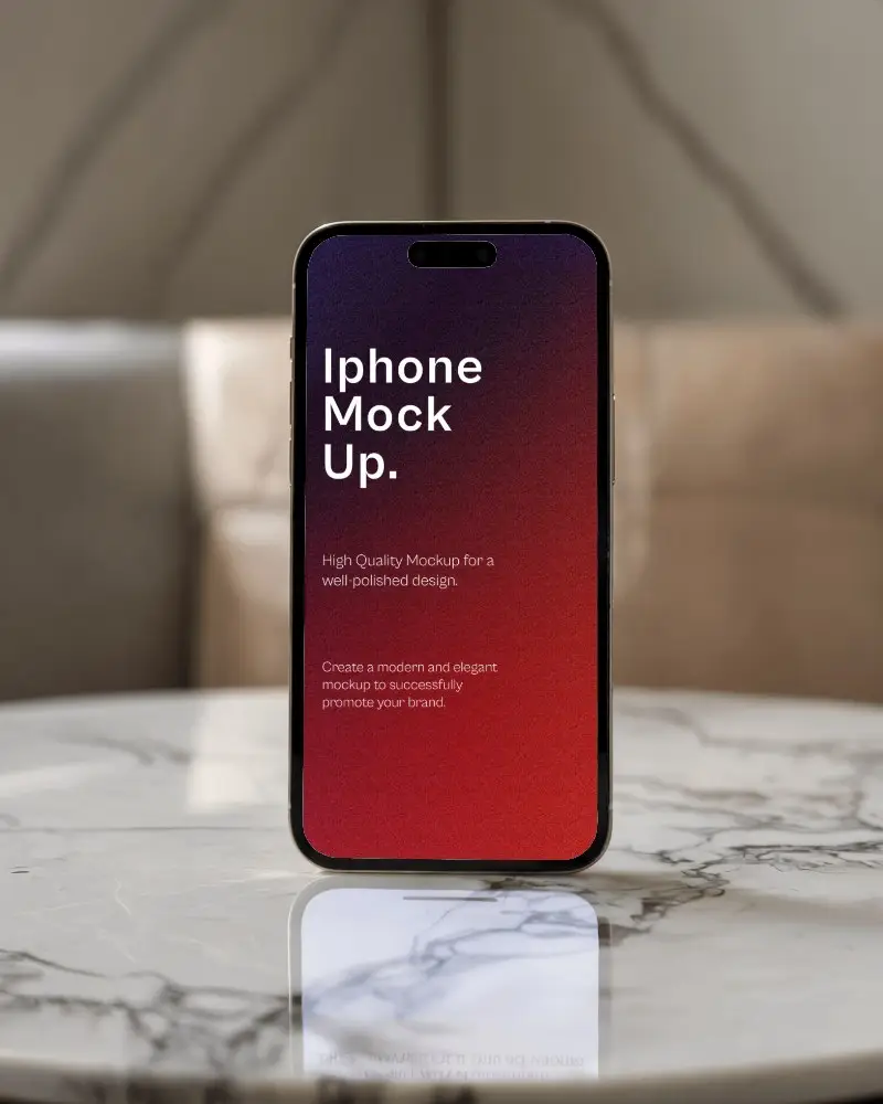 Soft Lighting Iphone Mockup Phone On Glossy Marble Surface With Blurred Sofa View