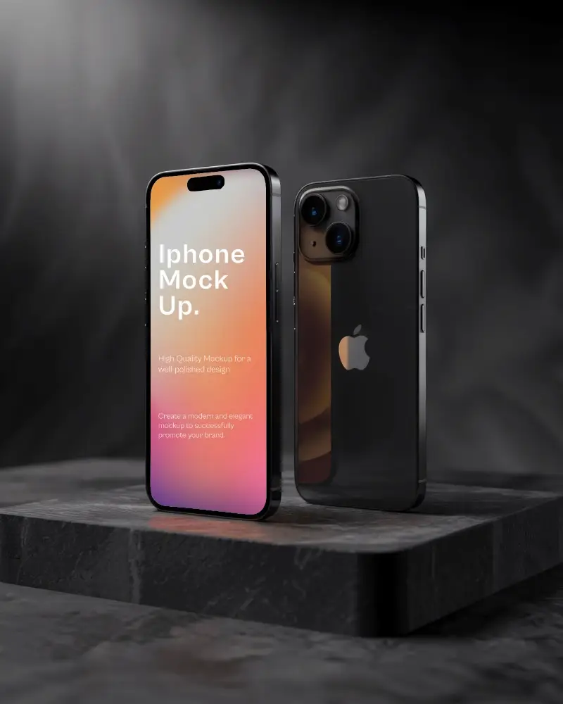 Matte And Glossy Iphone Mockup Black Phone On Stone Base Against Smoky Backdrop
