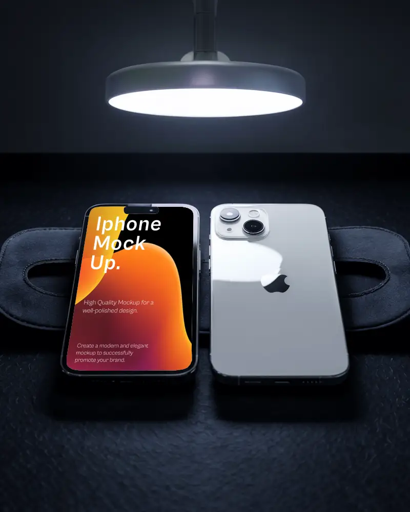 Spotlight Display Iphone Mockup Front And Back View On Dark Leather Textured Surface 