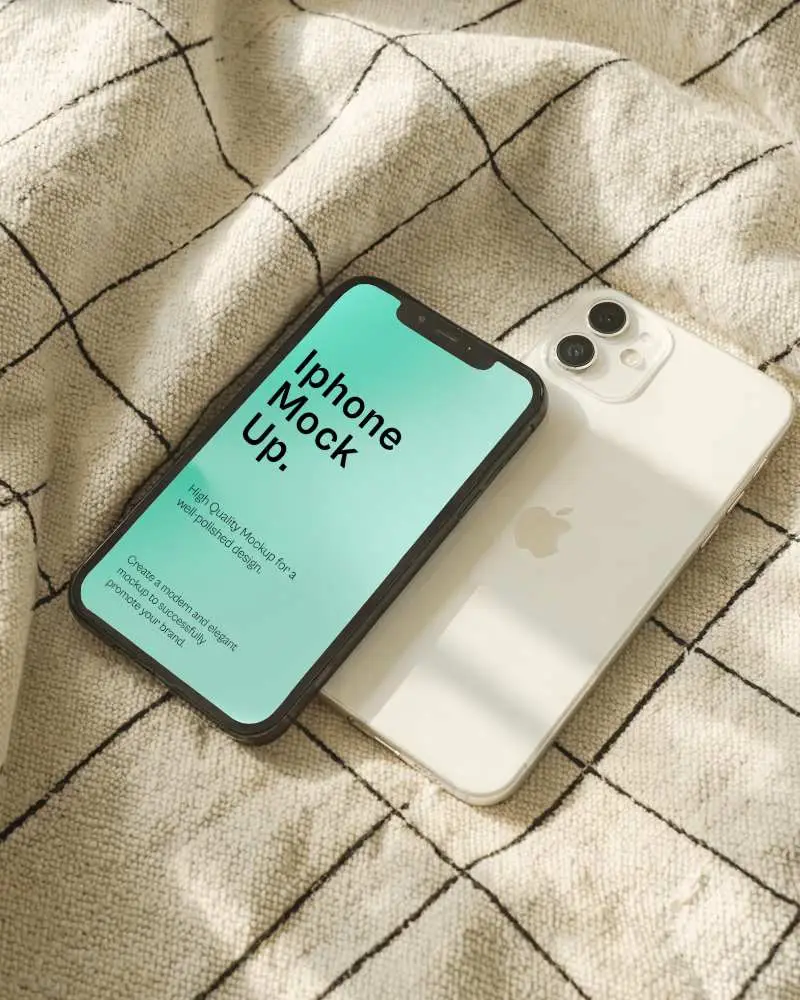 Neutral Home Decor Iphone Mockup Flat Lay With Modern Grid Blanket
