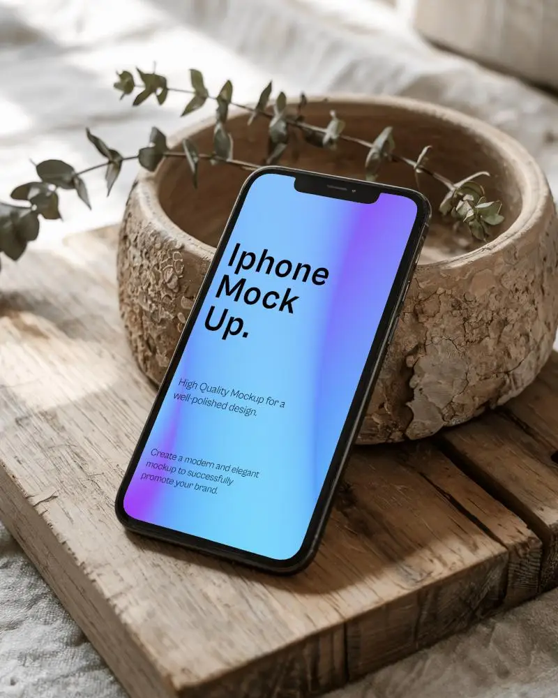 Earthy Toned Flatlay Iphone Mockup On Wood Surface With Eucalyptus And Clay Planter