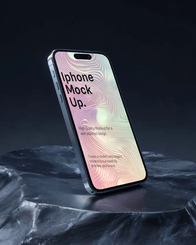Minimal Dark Iphone Mockup Standing Upright On Textured Stone Pedestal High Contrast Light