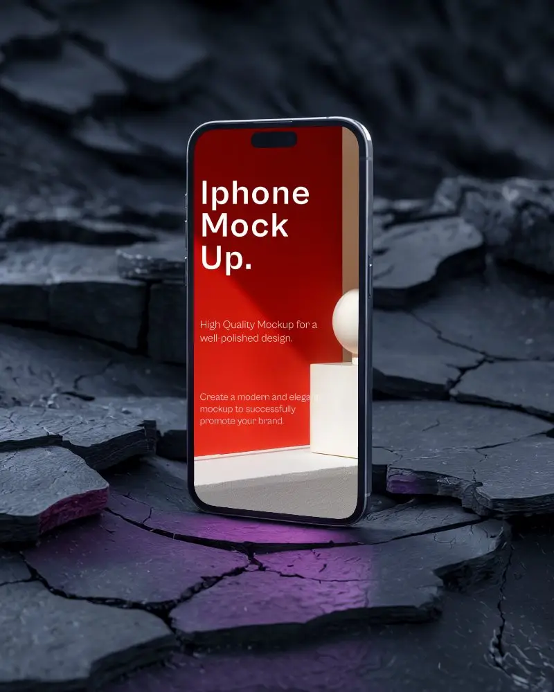 Iphone Mockup On Cracked Dark Slate Surface With Purple Lighting Modern And Edgy Vibe