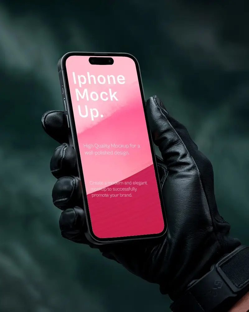 Premium Iphone Mockup Black Leather Glove Grip With Modern Edgy Studio Lighting