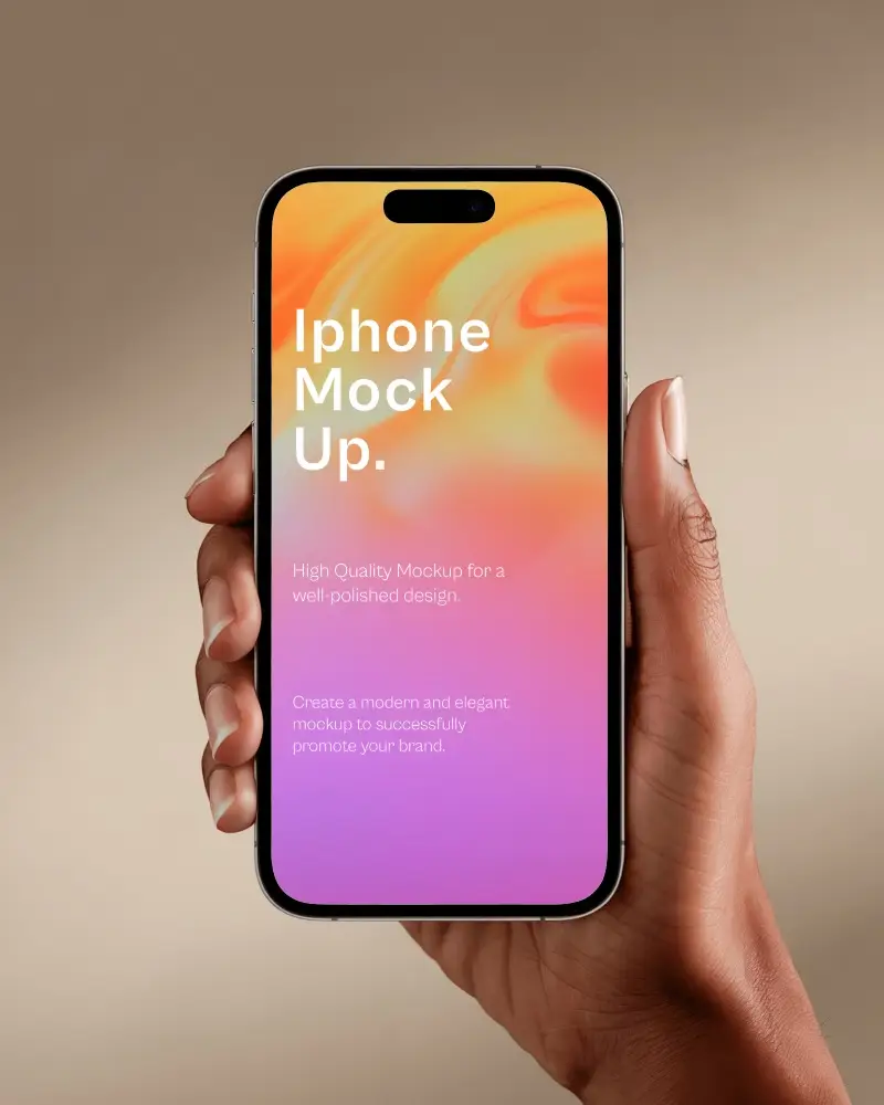 Elegant Hand Holding Iphone Mockup On Beige Studio Background Modern Showcase