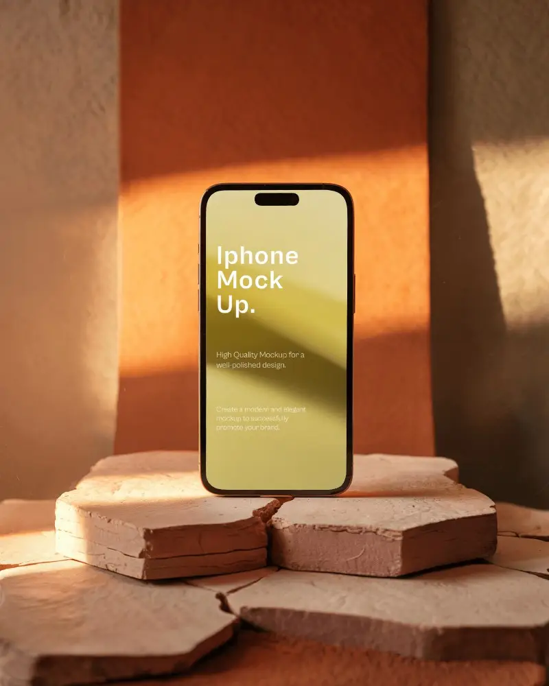 Artistic Boho Style Iphone Mockup Balanced On Textured Rock Pieces Nature Vibes