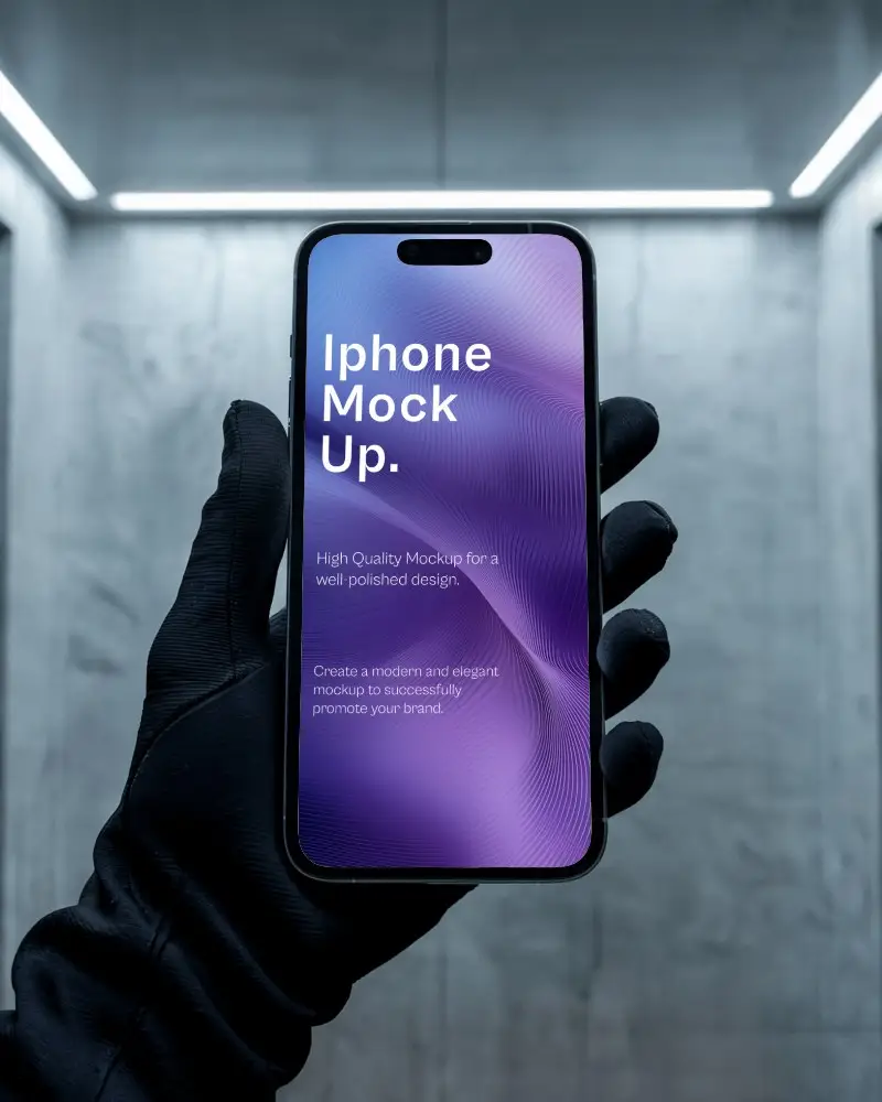 Futuristic Elevator Iphone Mockup Black Gloved Hand In Modern Metallic Space