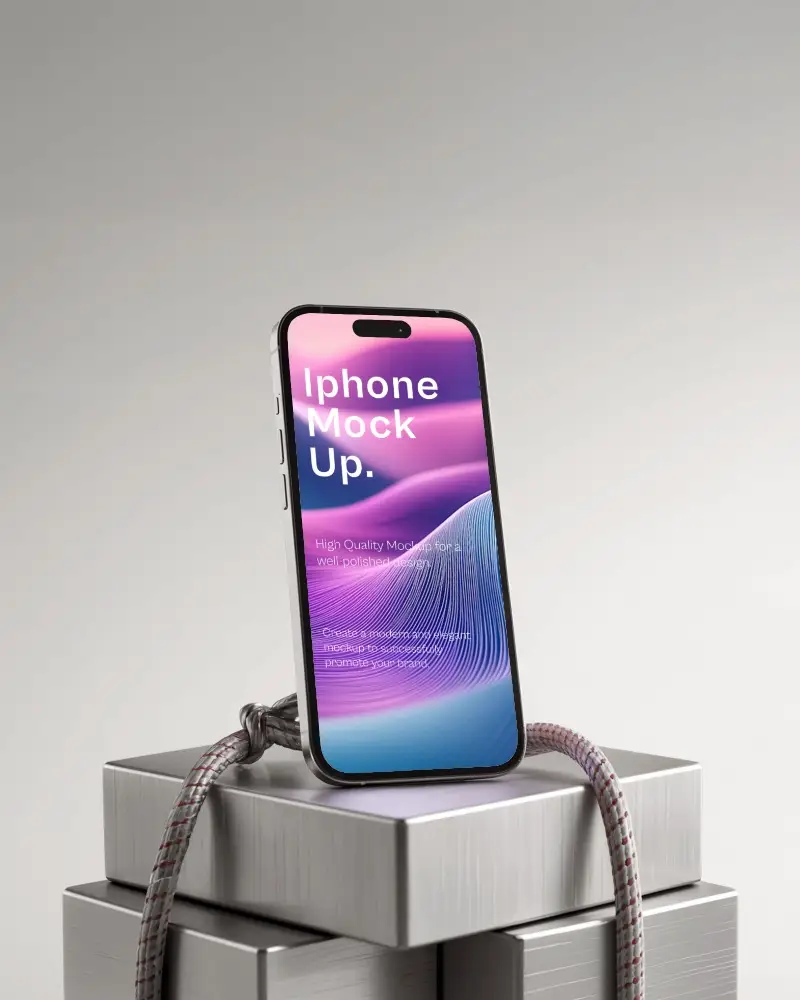 Futuristic Minimal Iphone Mockup Positioned On Polished Silver Cube With Rope