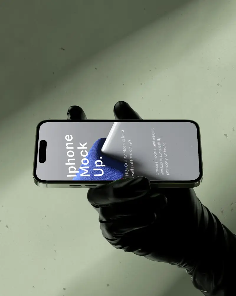 Landscape Orientation Iphone Mockup Dark Gloved Hand Dramatic Light Studio Scene