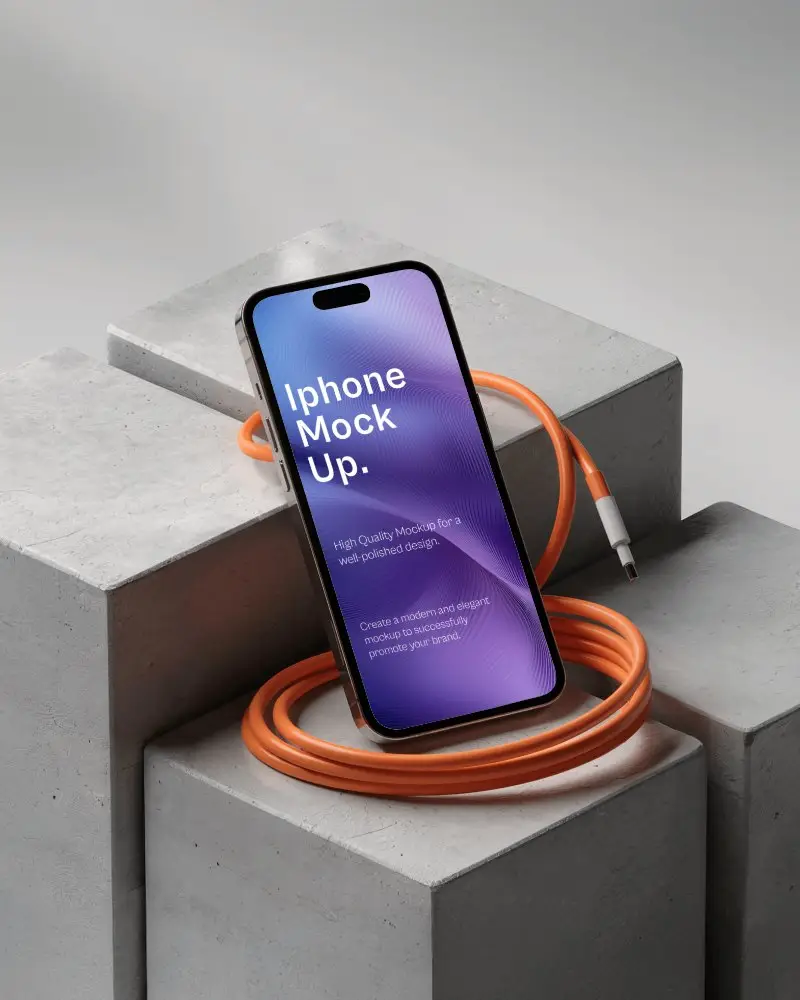 Modern Industrial Iphone Mockup Standing On Concrete Blocks With Orange Cable Minimalistic Brand Display