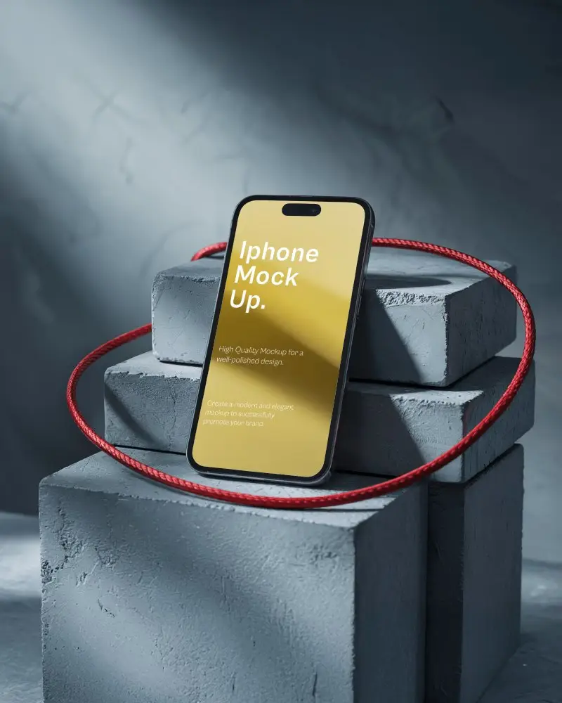 Cinematic Lighting Iphone Mockup On Rough Textured Bricks With Red Cable Modern Urban Aesthetic