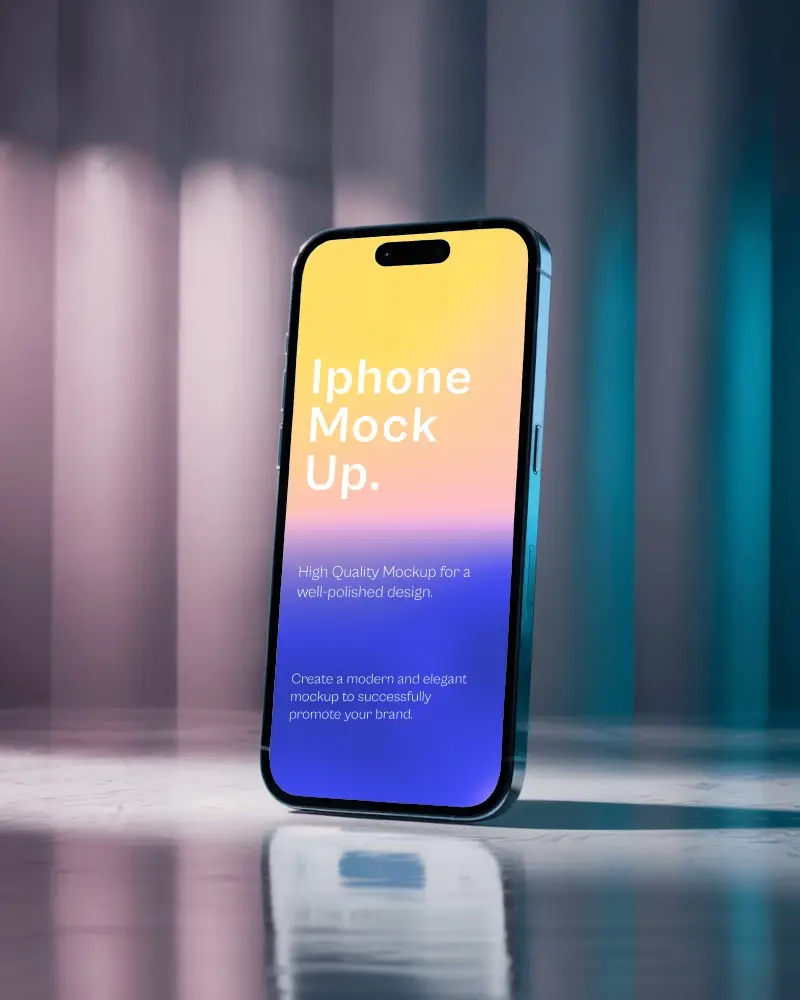 Cinematic Lighting Iphone Mockup Showcased In Glossy Environment With Purple And Teal Glow