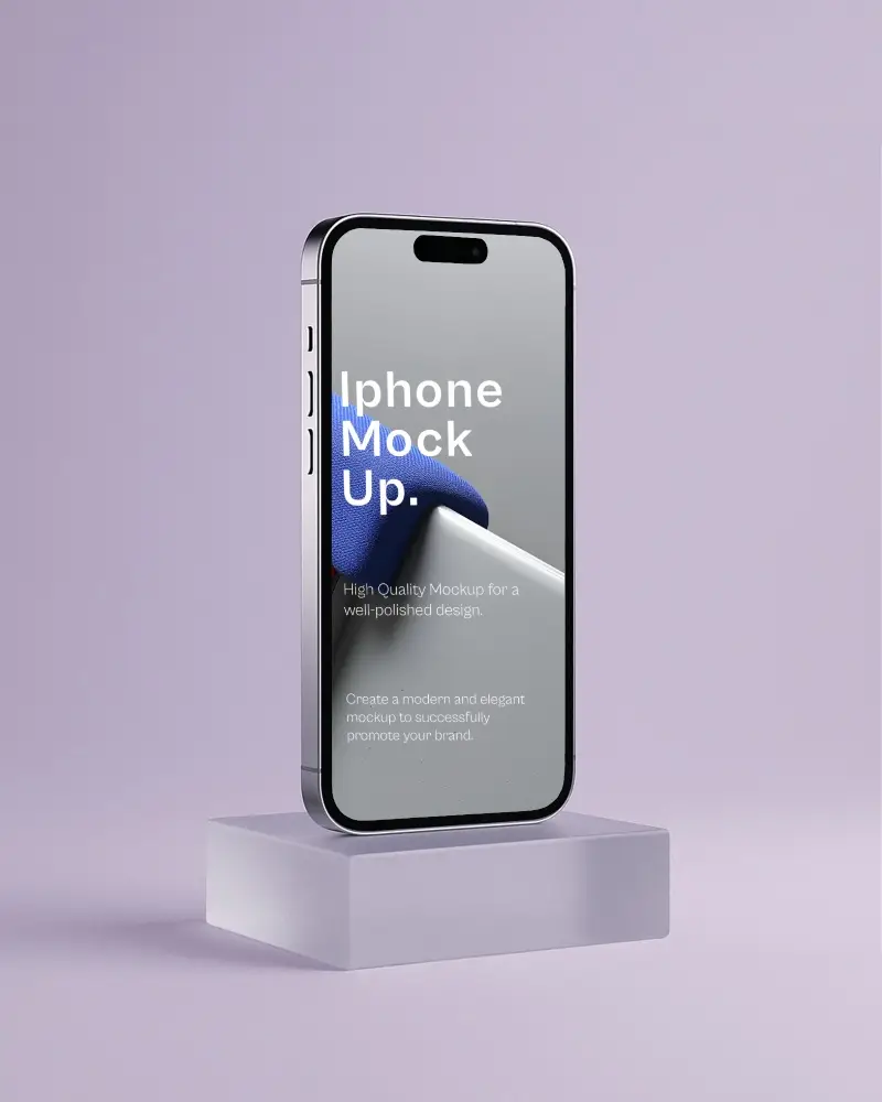 Modern Iphone Mockup Standing On Clear Pedestal Against Soft Purple Background Minimal And Elegant Display