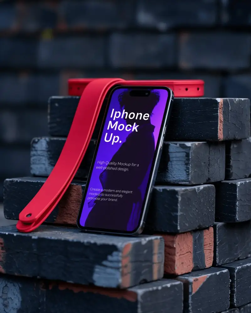Urban Iphone Mockup Resting On Stacked Black Bricks With Red Strap Edgy And Bold Streetwear Theme