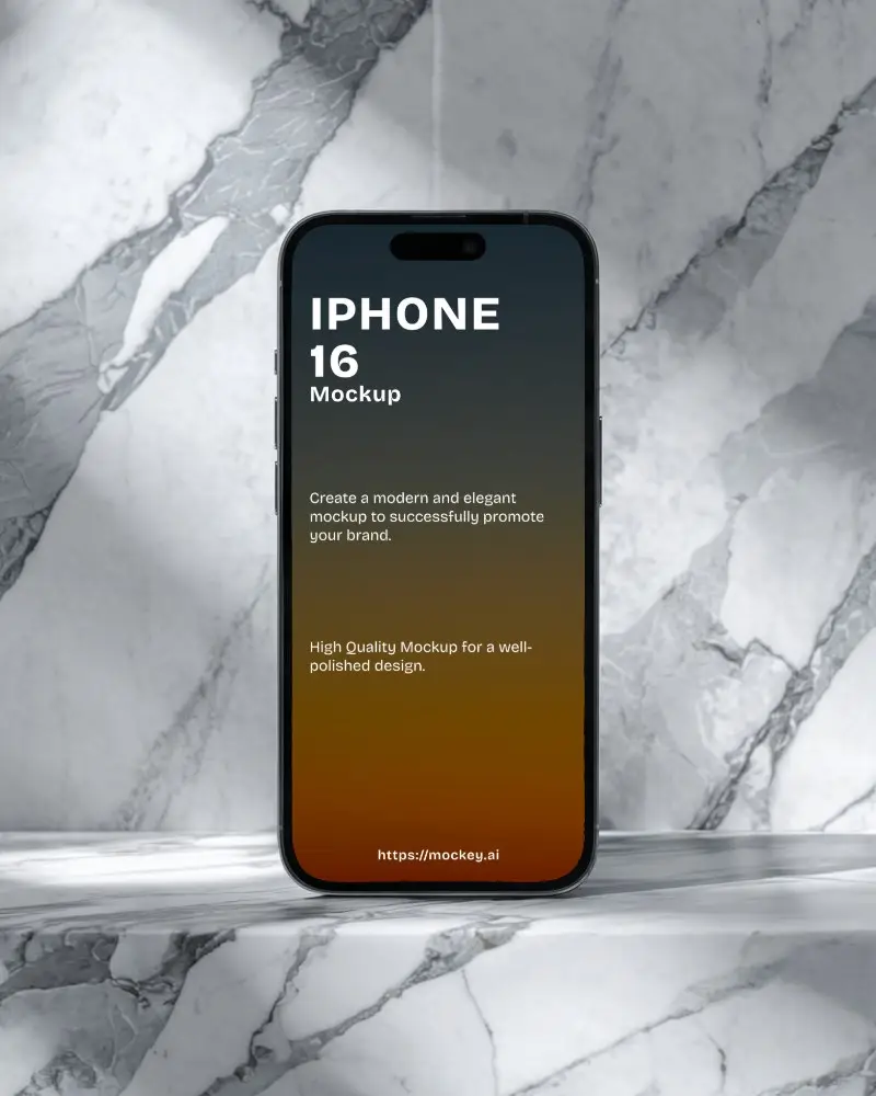 Marble Wall Iphone 16 Mockup Standing Device With Crisp Lighting And Shadow