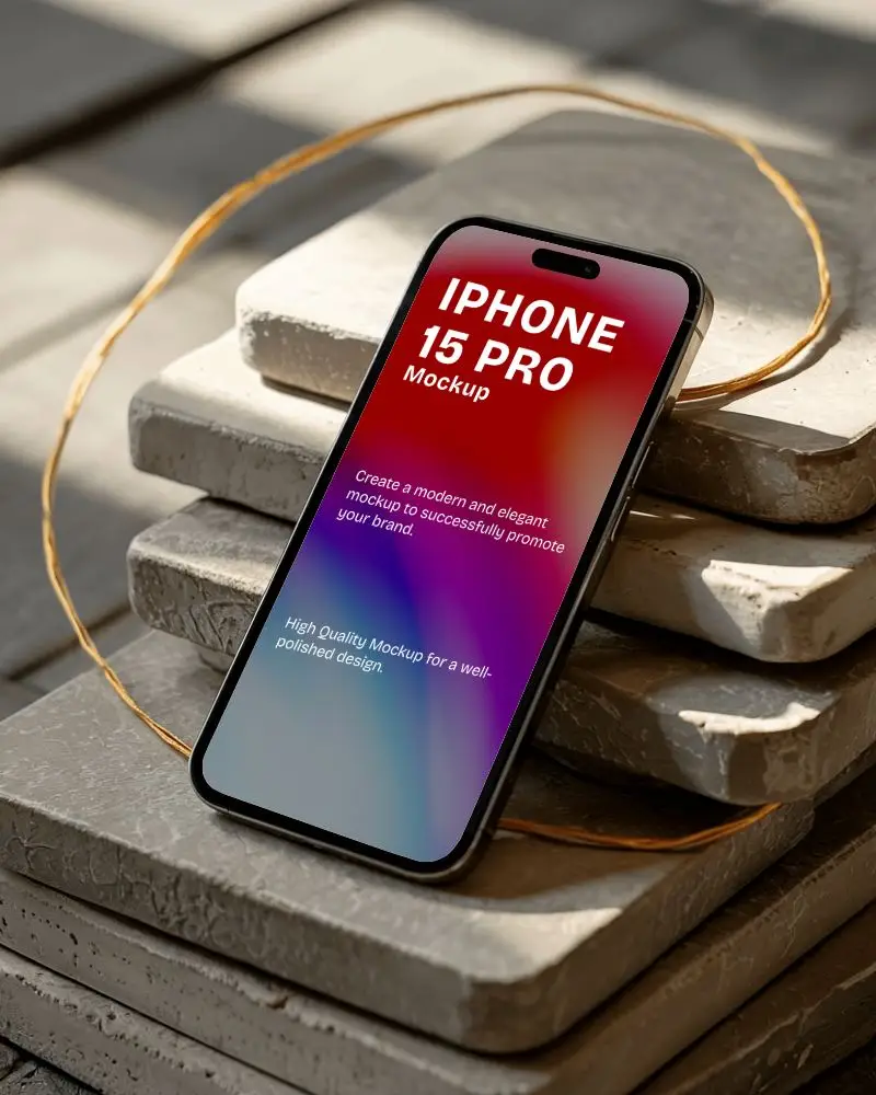 Aesthetic Iphone 15 Pro Mockup Angled On Stone Tiles Minimal Design Warm Lighting