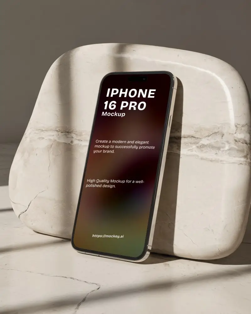 Elegant Iphone 16 Pro Mockup Leaning Against Curved Marble Slab Under Soft Sunlight