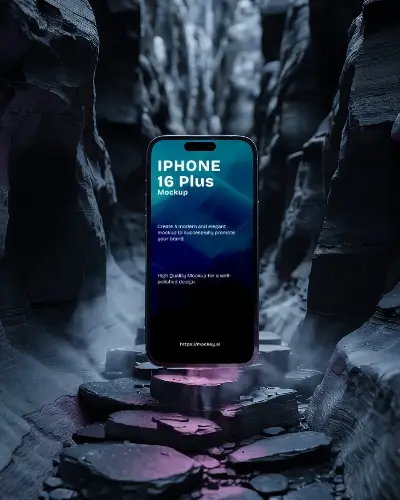 Enchanted Canyon Iphone 16 Plus Mockup Floating On Rocks Dense Mist And Shadows