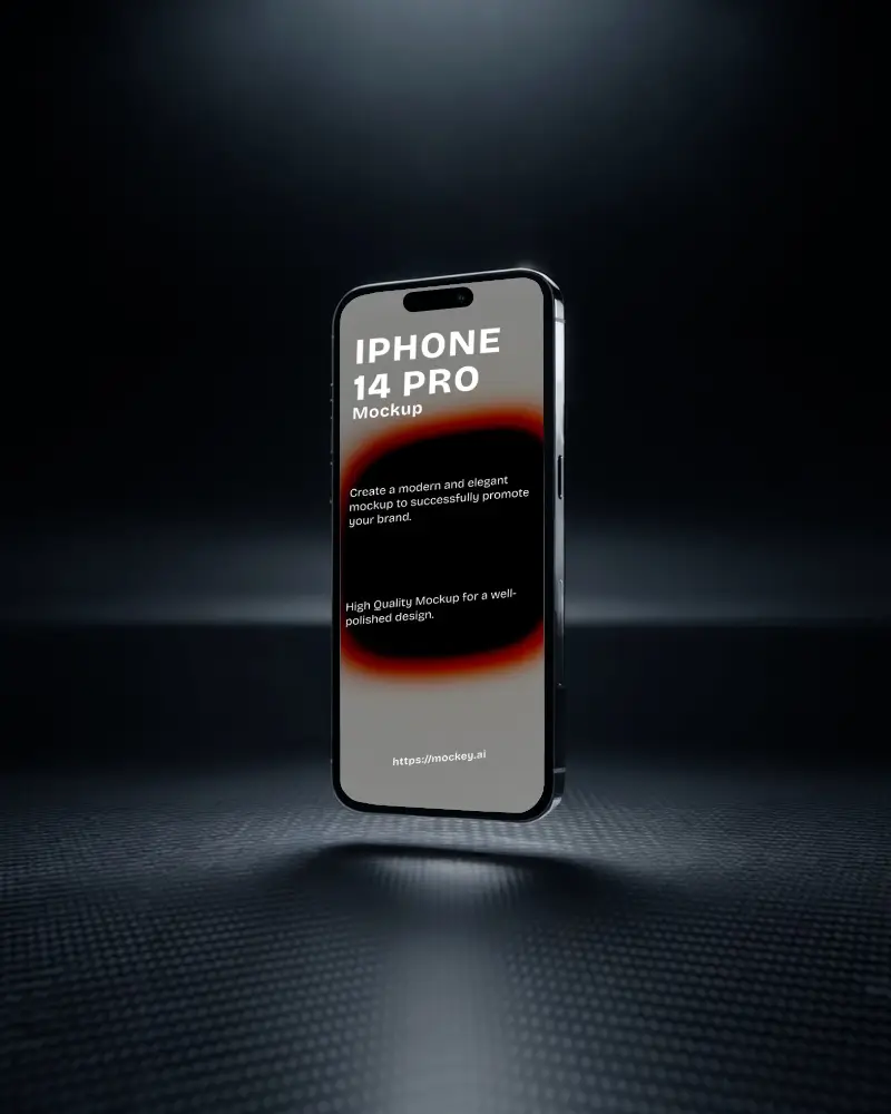 Modern Iphone 14 Pro Mockup Floating Center Stage Dark Grid Studio Environment