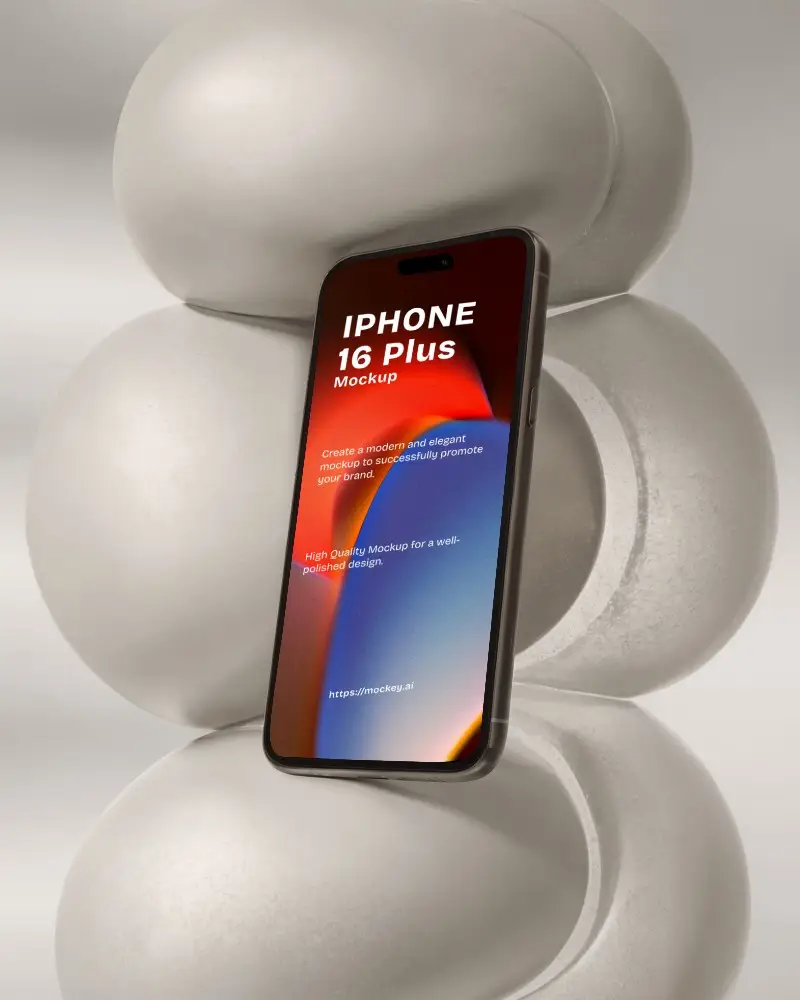 Artistic Iphone 16 Plus Mockup Against Modern Sculpture Minimal Cream Toned Background