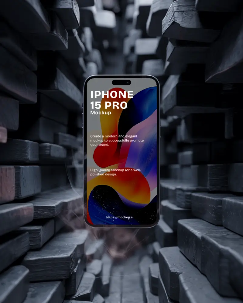 Immersive Environment Iphone 15 Pro Mockup Floating In Stacked Block Maze Design