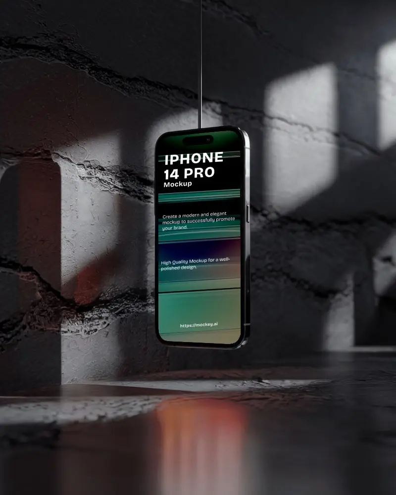 Urban Industrial Iphone 14 Pro Mockup Hanging In Mood Lit Space Gritty Wall Texture