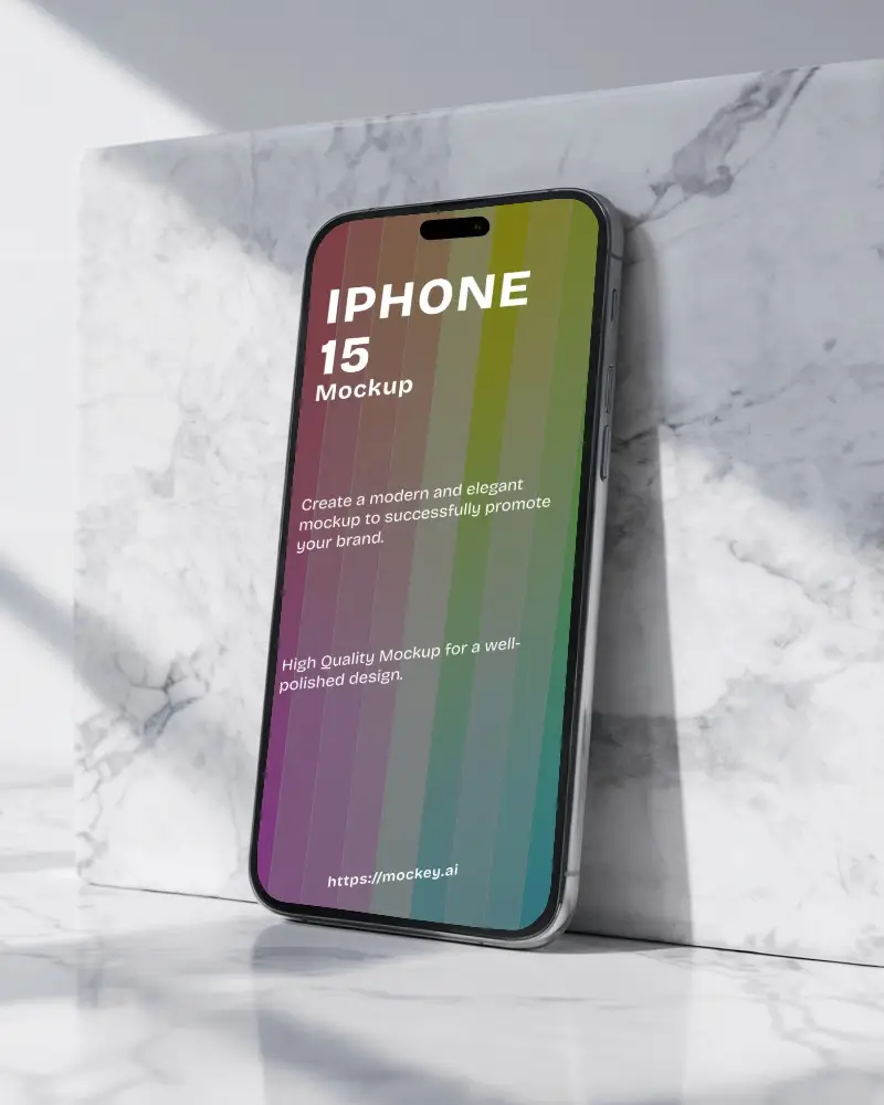 Elegant Iphone 15 Mockup Against White Marble Slab Under Soft Natural Light