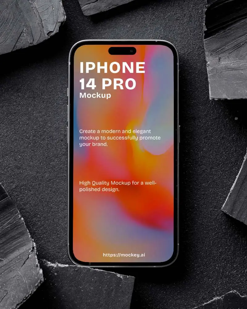 Premium Iphone Mockup On Dark Surface With Geometric Rock Pieces And Stark Contrast