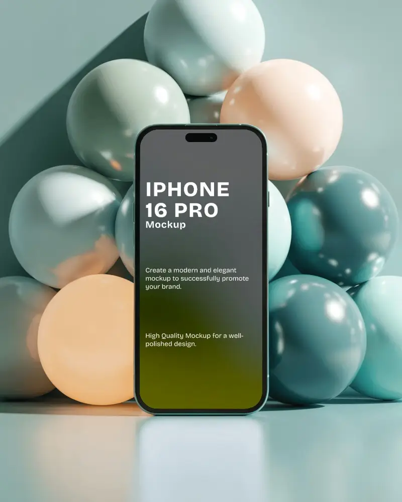 Modern Iphone 16 Pro Mockup Surrounded By Pastel Balloons Clean Vibrant Display