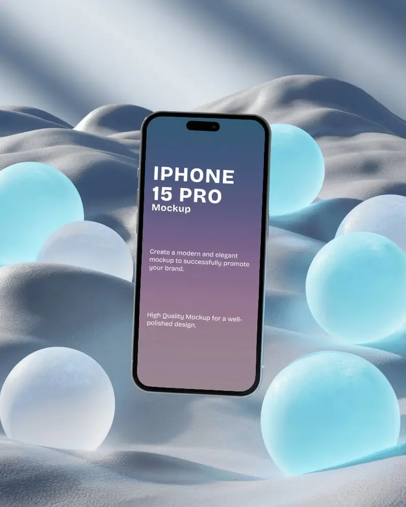Elegant Iphone 15 Pro Mockup Floating In Wavy Foam Landscape With Icy Light Spheres