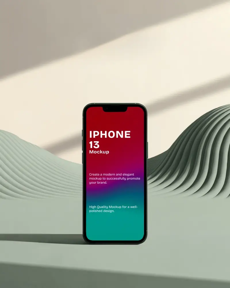 Clean Aesthetic Iphone 13 Mockup On Matte Green Waves Soft Studio Lighting