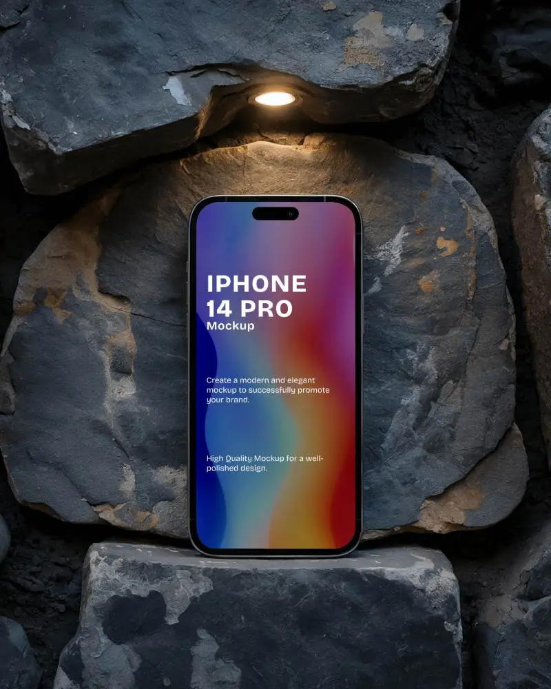 Premium Iphone 14 Pro Mockup On Rugged Rock Background With Dramatic Light