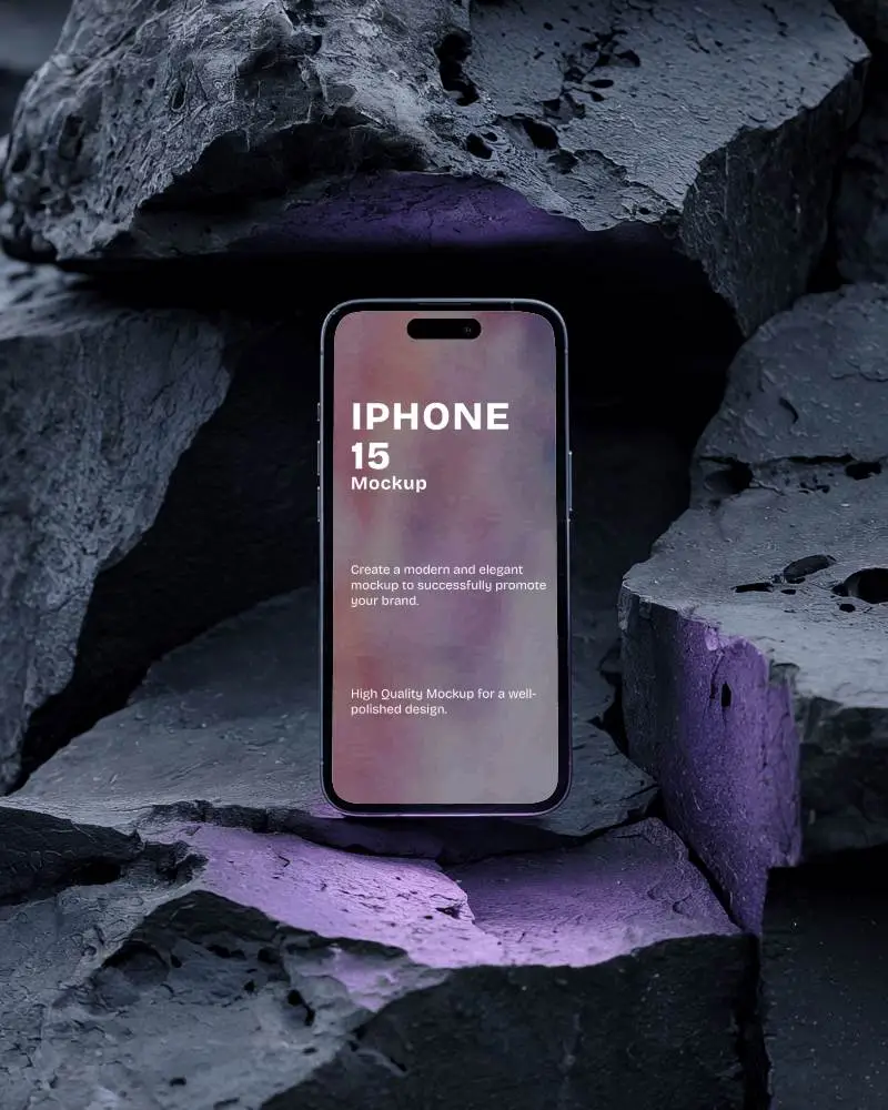 Iphone 15 Mockup On Dark Volcanic Rocks With Moody Purple Ambient Light