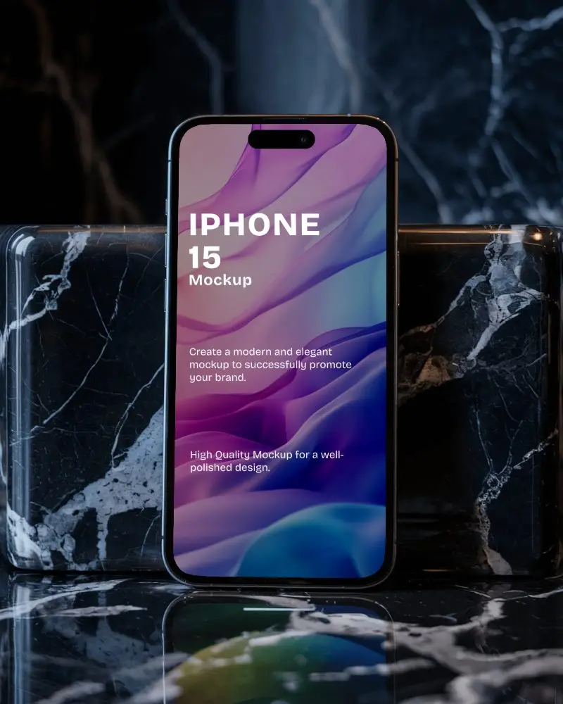 Luxury Marble Iphone15 Mockup Front Display Against Dark Elegant Surface