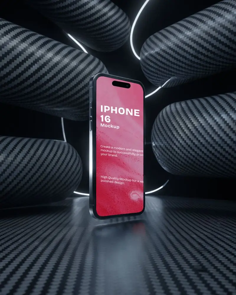 Ultra Modern Iphone16 Display Mockup Floating Amid Curved Carbon Fiber Structures
