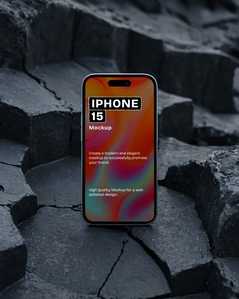 Premium Iphone 15 Mockup On Dark Textured Ground With Raw Aesthetic